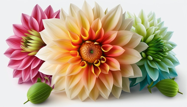 Colourful dahlia flowers white background Created by Midjourney