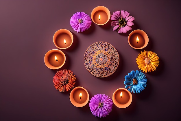 Colourful Diwali lamps Deepavali lamps lighted in beautiful formation with flowers Oil lamps Top view