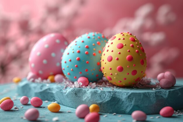 Colourful easter eggs on a podium in 3d style