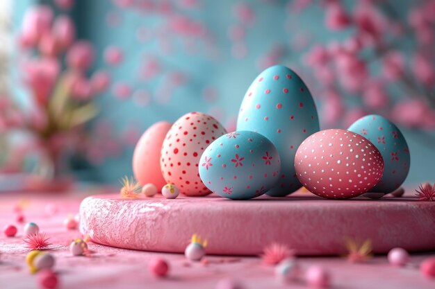 Colourful easter eggs on a podium in 3d style