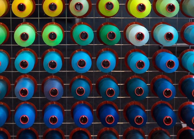 Colourful embroidery thread spool using in garment industry.