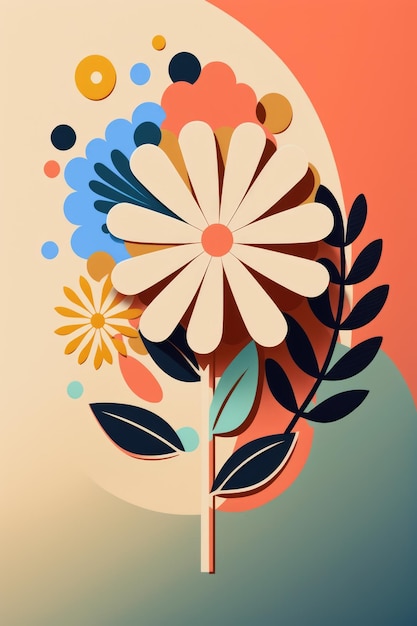 Colourful flowers and shapes on pink background created using generative ai technology