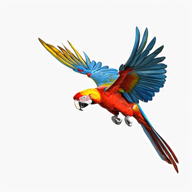 Colourful flying parrot isolated on white