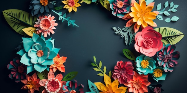 Colourful frame with paper flowers on cement background