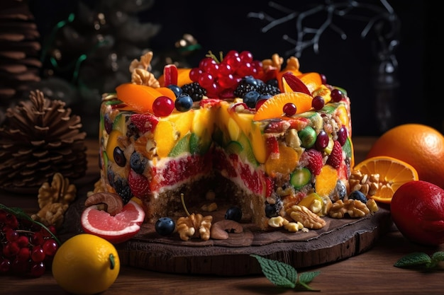 Colourful fruit cake with variety of fruits and nuts created with generative ai