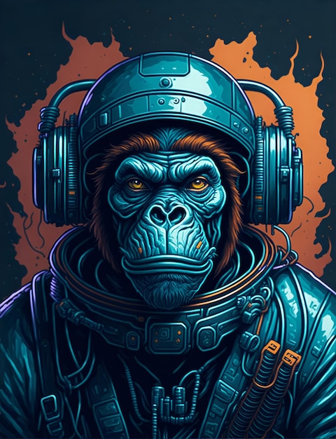 Colourful graffiti illustration of an ape in a space suit vibrant colour highly detailed