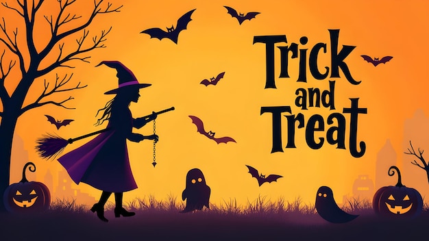 Colourful halloween background image with witch bats black ghost