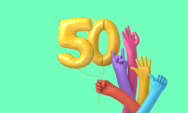 Colourful hands holding a happy 50th birthday party balloon 3D Rendering