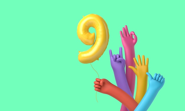 Colourful hands holding a happy 9th birthday party balloon 3D Rendering