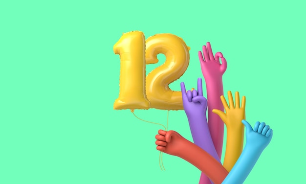 Colourful hands holding a happy th birthday party balloon d rendering