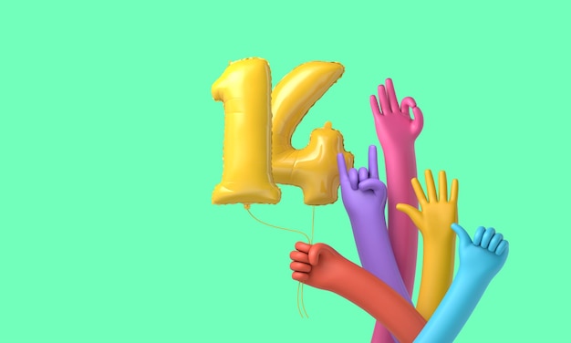 Colourful hands holding a happy th birthday party balloon d rendering