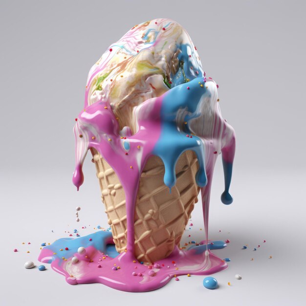 Colourful ice cream in cone on grey background created using generative ai technology