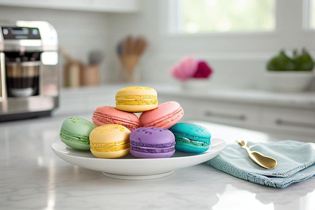 Colourful macarons on simple plate in modern white kitchen Generative AI