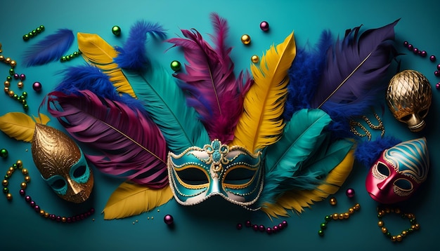 Colourful mardi gras beads feathers and carn.