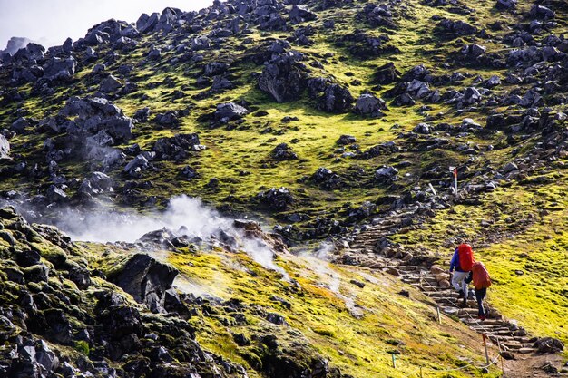 Colourful Mountains, Green Moss, Geothermal Pools, Beautiful Volcano Valley Landmannalaugar, Iceland