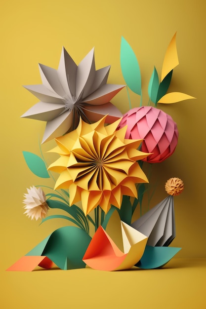 Colourful origami paper flowers on orange background created using generative ai technology