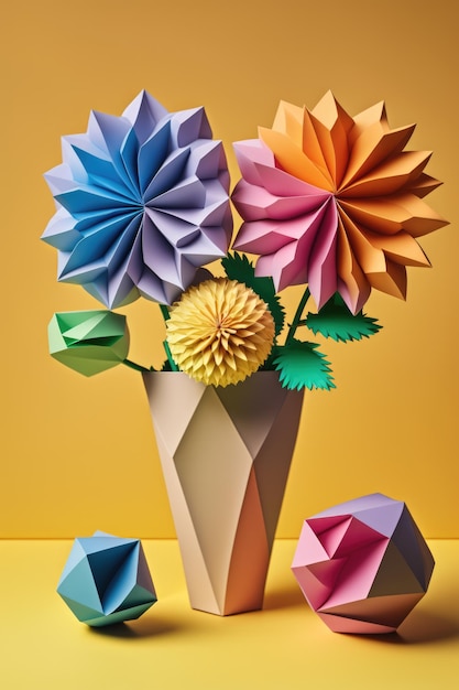 Colourful origami paper flowers on orange background created using generative ai technology