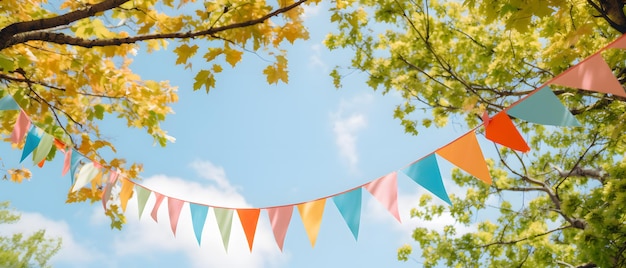 Colourful pennant string decoration in green tree