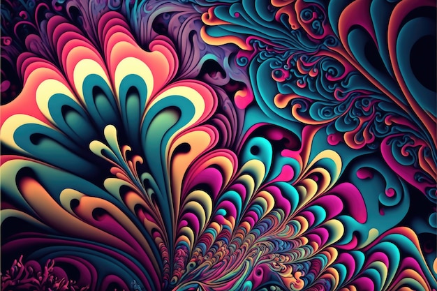 Colourful and psychedelic leaves on black background created using generative ai technology