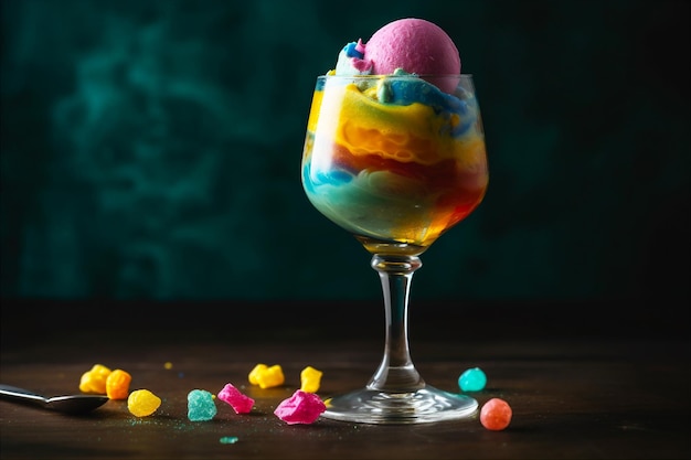 Colourful rainbow sherbet in a tall glass cream and sprinkles dark background AI generated