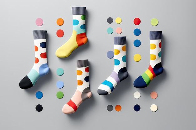 Colourful socks and set of socks on light gray background created with generative ai