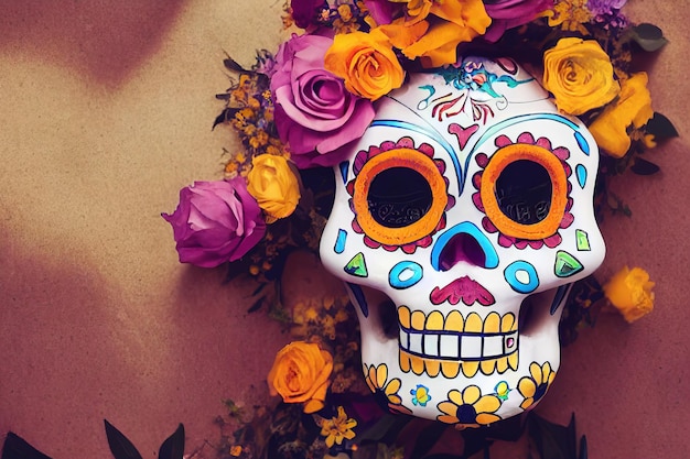 A colourful Traditional Calavera sugar skull decorated with flowers for dia de los muertos Day of the dead