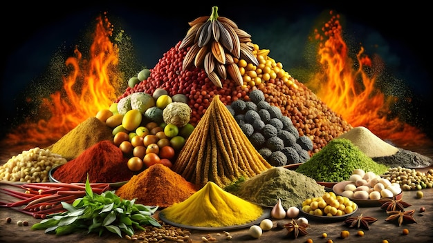 Photo colourful various seasonings spices and herbs ingredients for cooking on black background