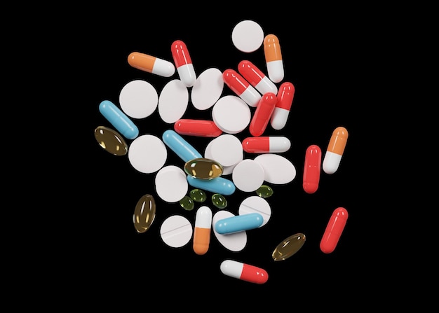 Colourfull pills isolated on black background Medicines tablets and pharmacy Cut out Health healthcare concept 3d rendering