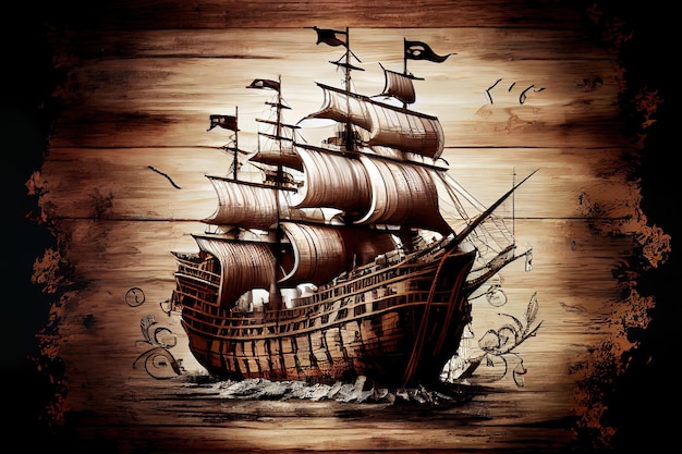 Columbus day concept with old ship over wooden background Generative Ai