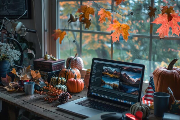 Photo columbus day home office with festive autumn decor pumpkins and american flags for workspace inspiration