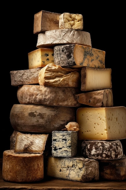 Column of different cheeses on a black background