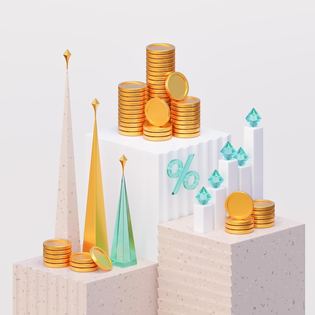 Columnar chart and a pyramidal chart with gold coins Illustration of finance business and marketing