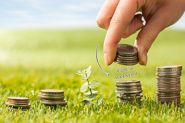 The columns of coins on green grass and female hand. Saving and investment financial concept