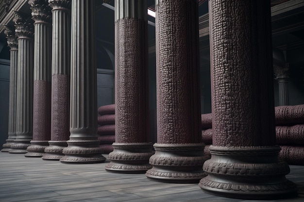 Columns in a dark room with the word temple on the left