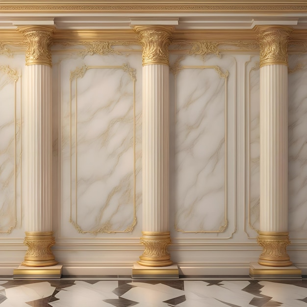 columns in a room with a white and gold marble floor.