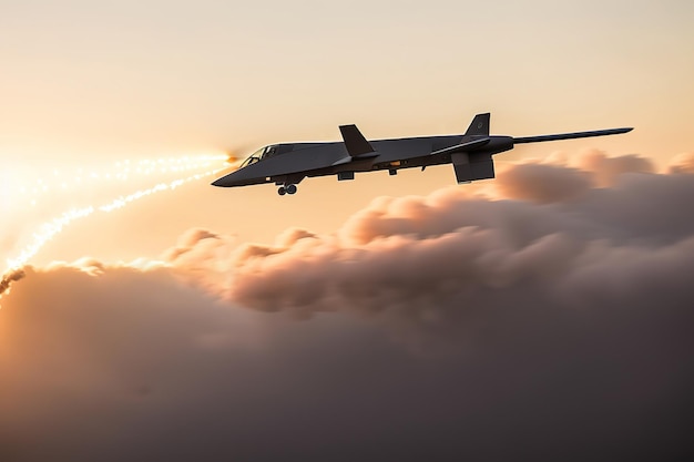 Combat drone in the sky on a mission an unmanned aerial vehicle launches missiles at a target