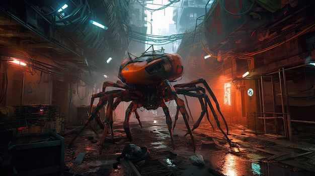 Combat robot crab is walking through a wartorn city Fantasy future mechanical crab