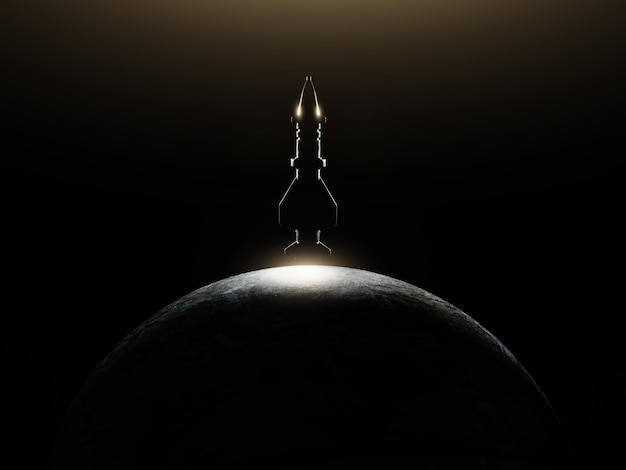 Combat rocket takes off over the planet on a black background