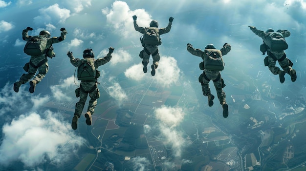 A combat soldier or parachutist jumps out of an airplane to practice air combat repair