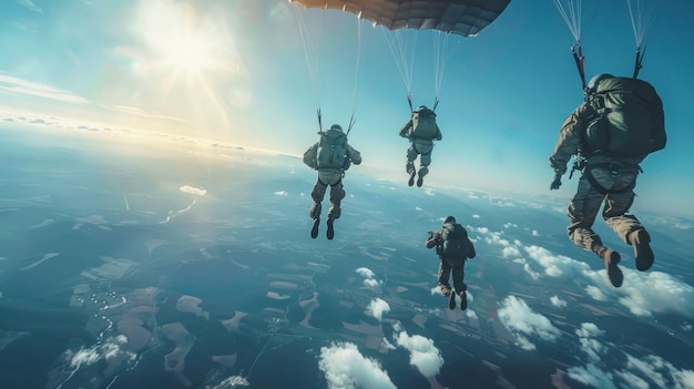 A combat soldier or parachutist jumps out of an airplane to practice air combat repair