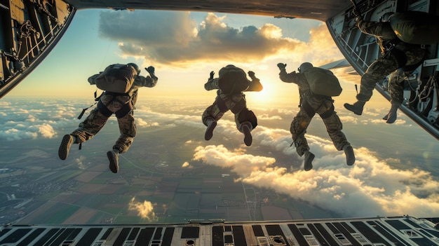 A combat soldier or parachutist jumps out of an airplane to practice air combat repair