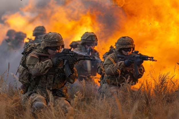 Combat soldiers in action with firearms amidst fiery explosion intense military operation