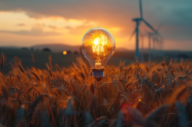 Photo combination of light bulb with wheat cluster and wind turbine and water dam and agricultural land fr