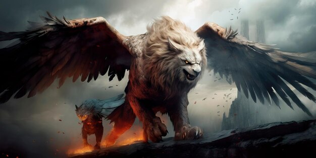 Photo combination of a lion and an eagle a symbol of wisdom and strength