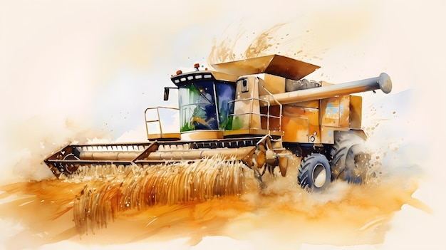 Combine harvester harvests ripe wheat colorful illustration Generative AI