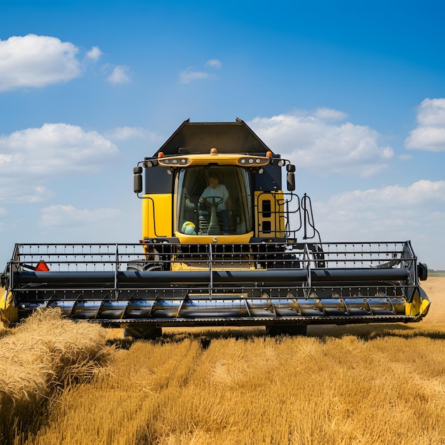 Photo combine harvester machine working in the wheat field on a sunny day