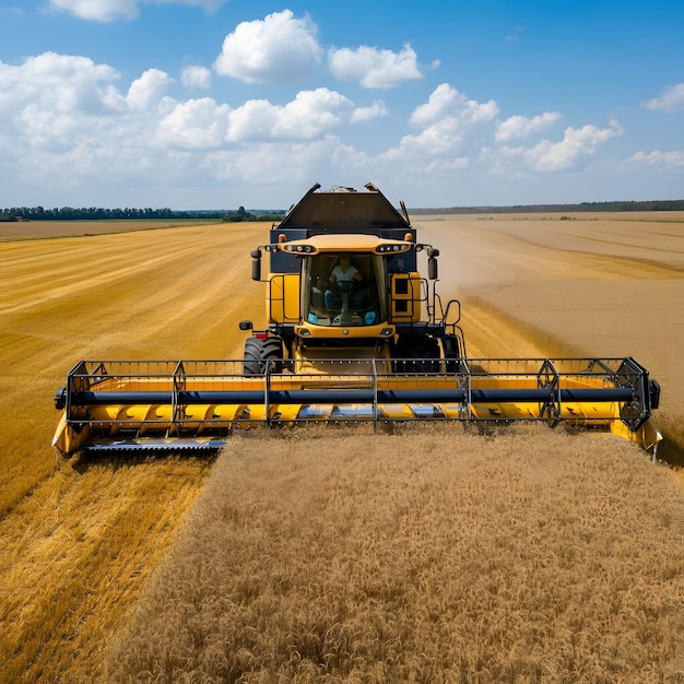 Photo combine harvester machine working in the wheat field on a sunny day