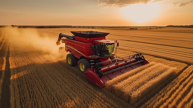 combine harvester in wheat field at sunset