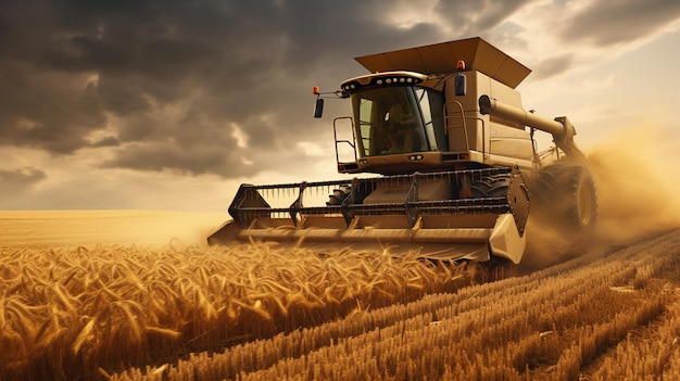 a combine harvester in a wheat field.