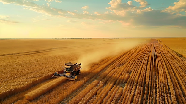 Combine harvester working in a field of golden wheat at sunset